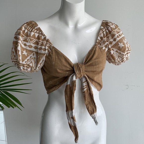 Z&L puff sleeves , tie front boho Gypsy crop top, size M - Picture 1 of 10